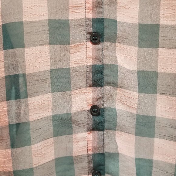 Faded Glory top Small 4/6 plaid sheer hi low chiffon button up down pocket check - Picture 11 of 16